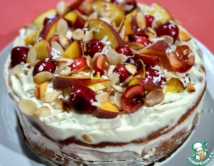 Пирог с черешней и персиками