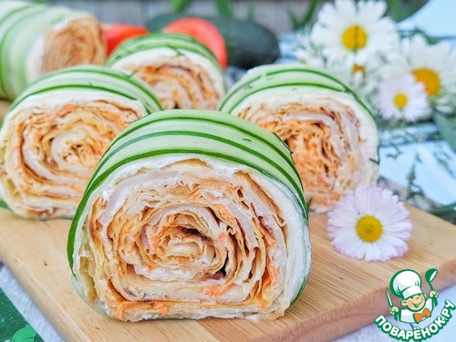 Рулет из лаваша с ветчиной и огурцом