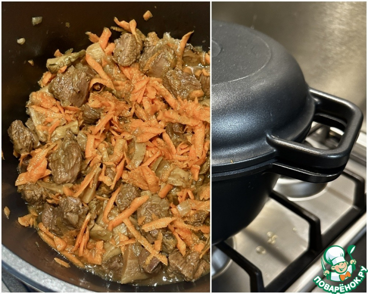 Каша гречневая. Мясо, грибы, морковка, лук