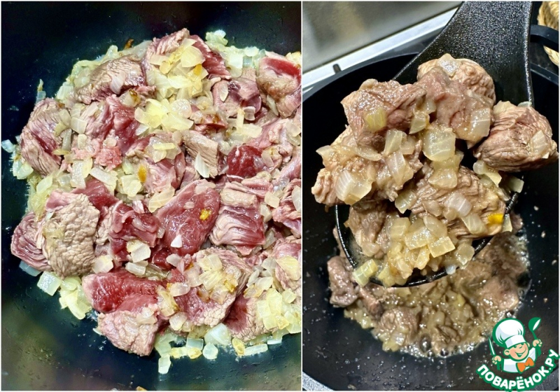 Каша гречневая. Мясо, грибы, морковка, лук
