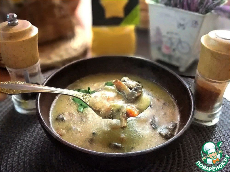 Суп с шампиньонами и кукурузной полентой