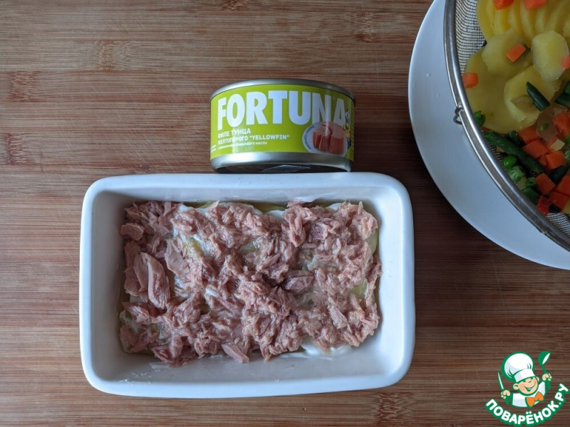 Гратен из картофеля, овощей и тунца